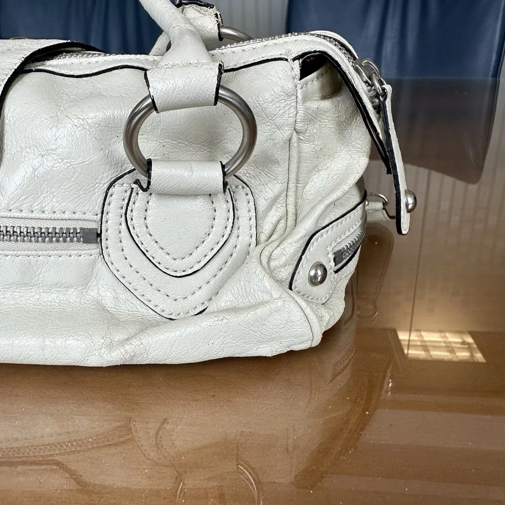 G By‎ Guess Cream Handbag Vintage Y2k Buckle Detail Studded Satchel Silver *New*
